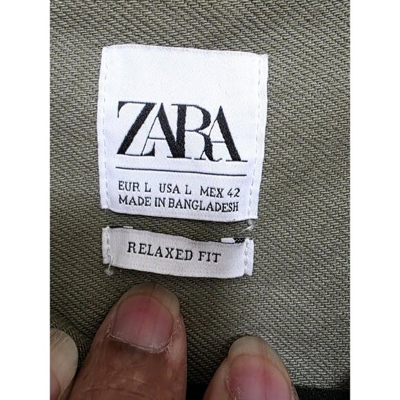 Zara Men's Denim Olive Green Relaxed Fit Distressed Button-Up Shirt L Cotton - Picture 6 of 6